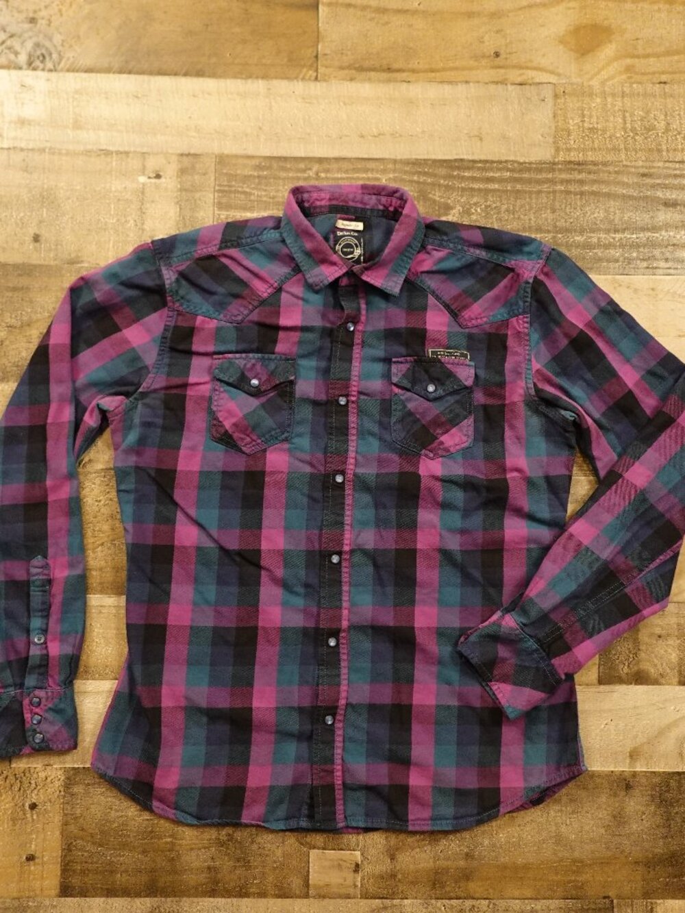 Diesel Co. Plaid Western Snap Shirt Women’s Large Purple Blue Cotton Flannel